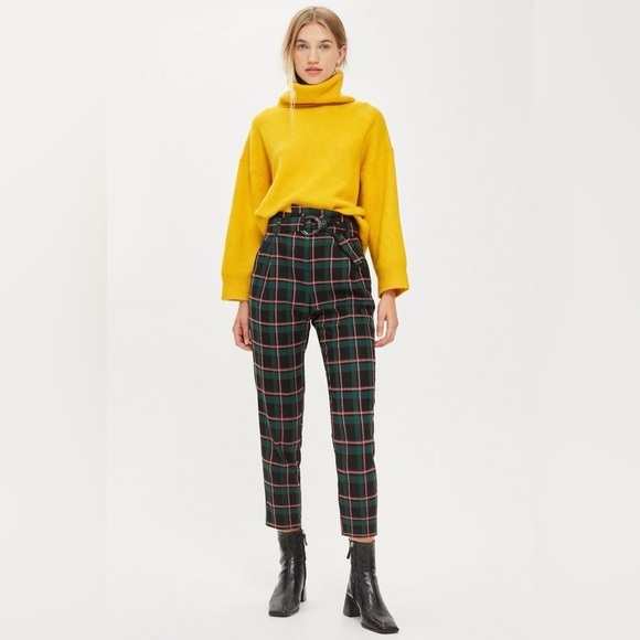 Topshop Plaid Check Paperbag Waist Belted Trouser Size 4 - Picture 1 of 13